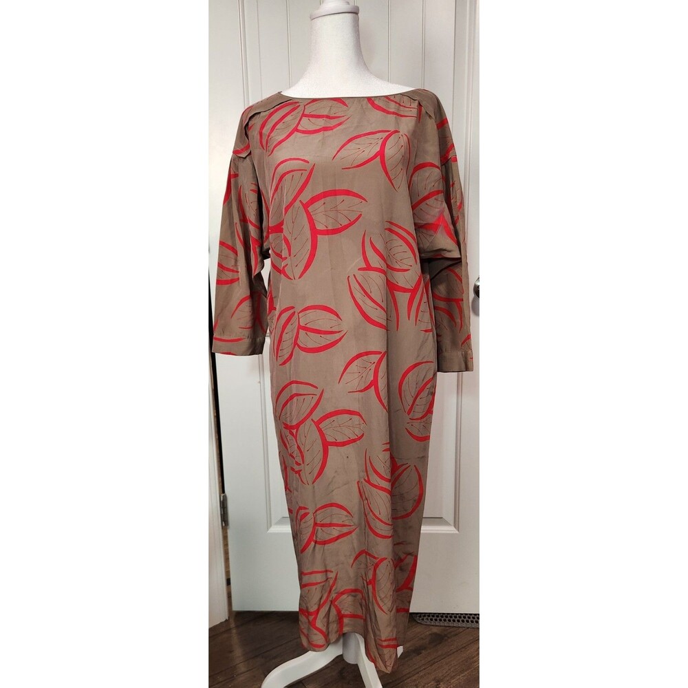 VTG Jerry Regenbogen Leaf Print 100% Silk Maxi Shift Dress Light Brown Red Sz 4